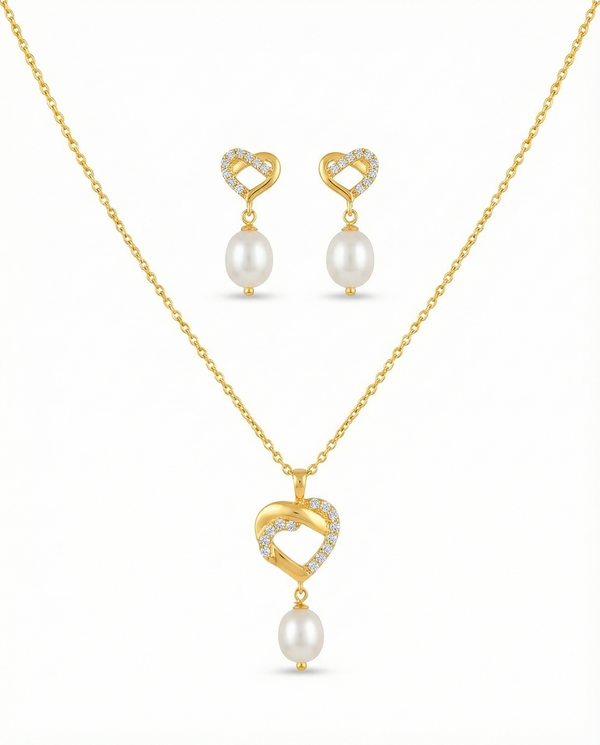 Classic Heart Pearl Drop Pendant with Earrings Set