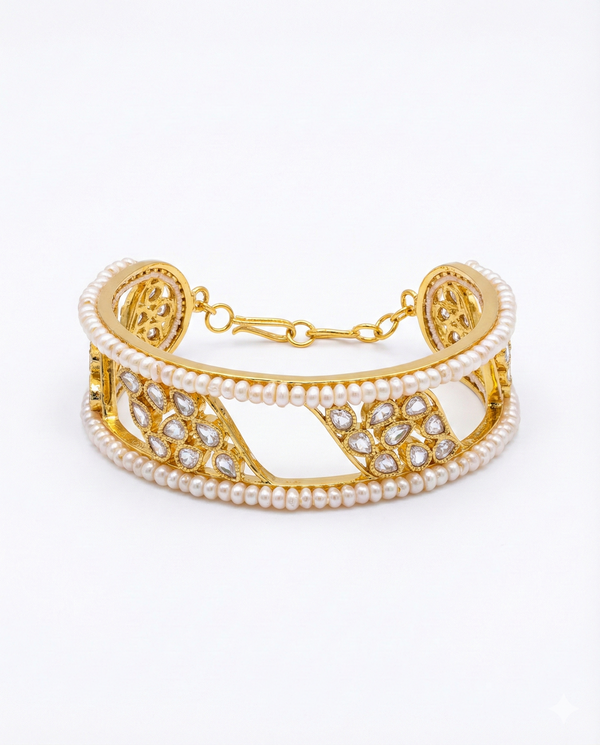 Antique-Inspired Golden Pearl & Kundan Filigree Bangle