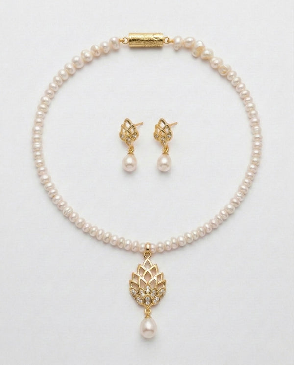 Elegant Gold Plated Lotus Pearl Necklace & Earring Set