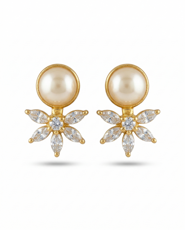 Gold-Plated Floral Pearl CZ Stud Earrings