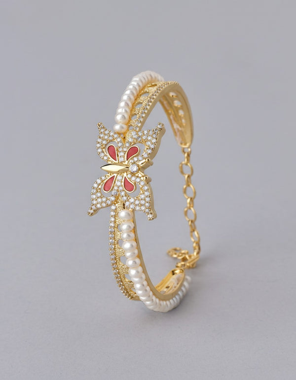 Ornate Gold Plated Butterfly Pearls Bangle