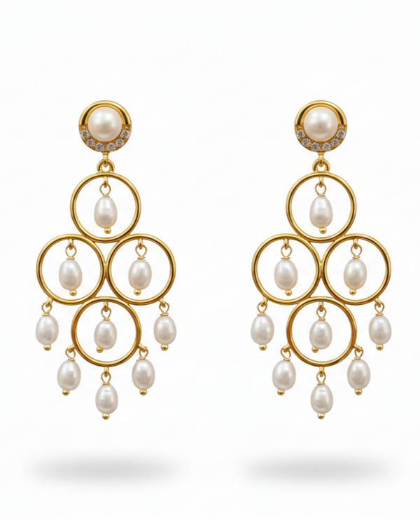 Golden Orbital Pearl Chandelier Earrings