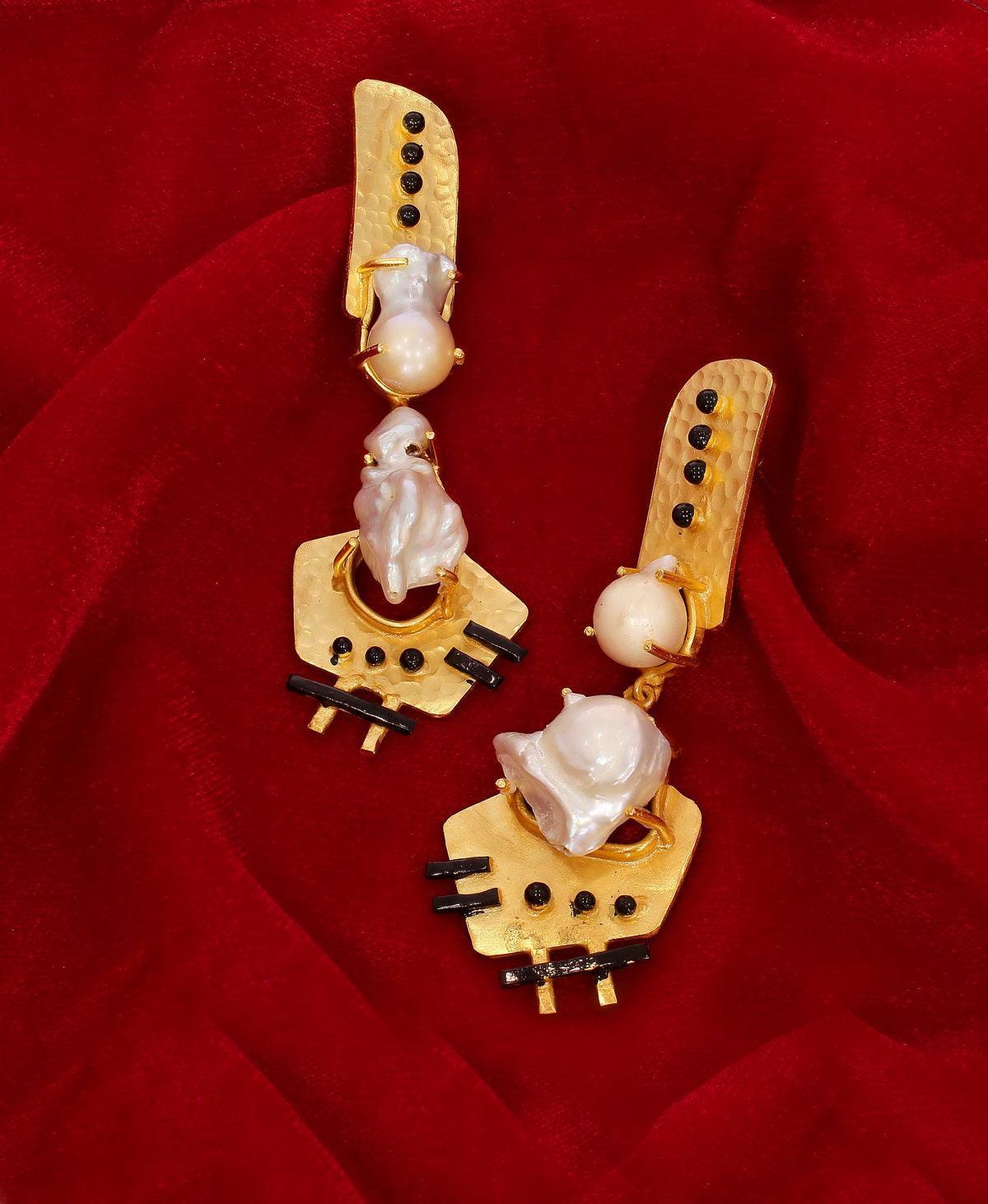 Geometrical Golden Baroque Pearl Dangler Earrings - Chandrani Pearls