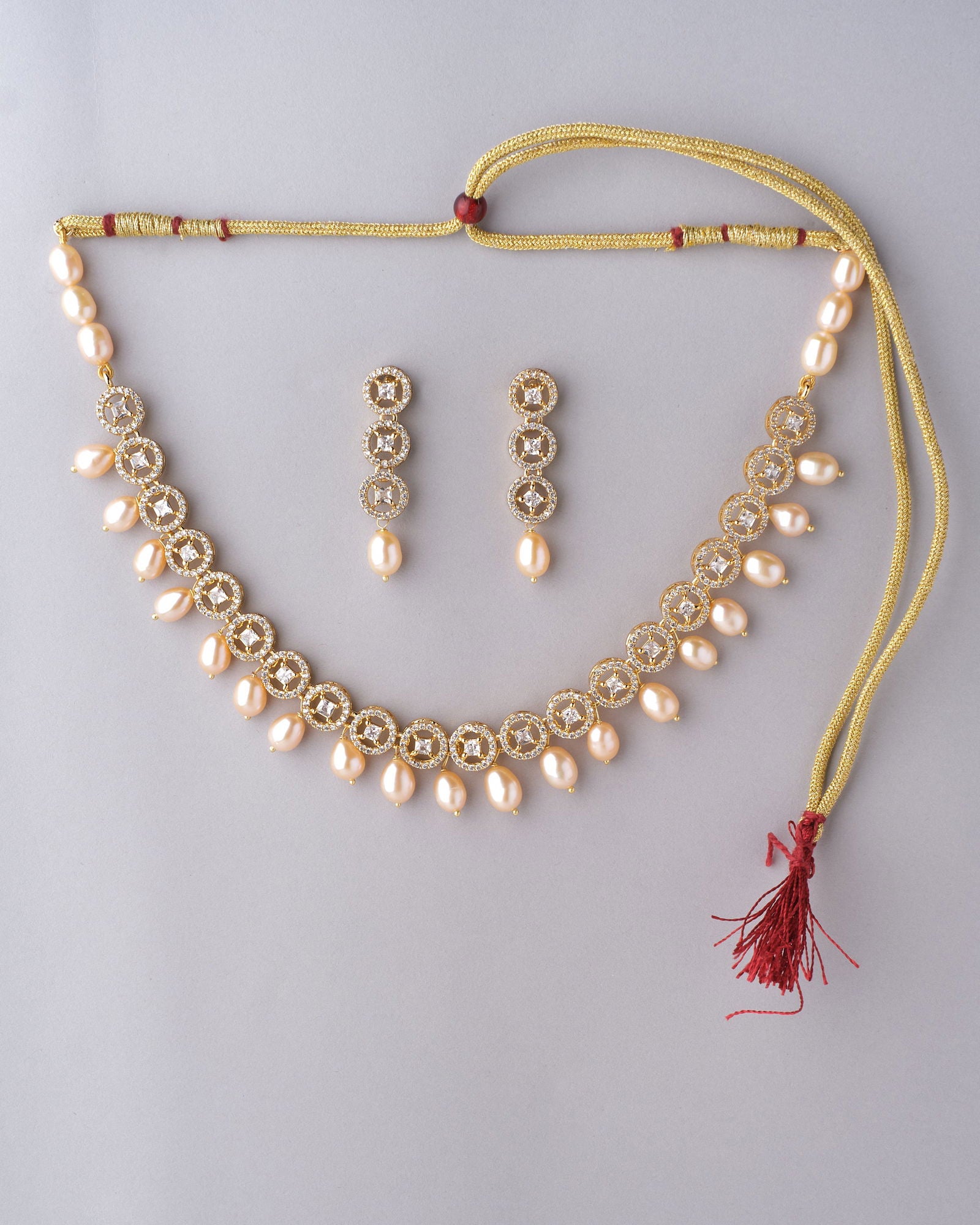 Glittering Petals CZ Pendant Pearl Necklace Set - Chandrani Pearls