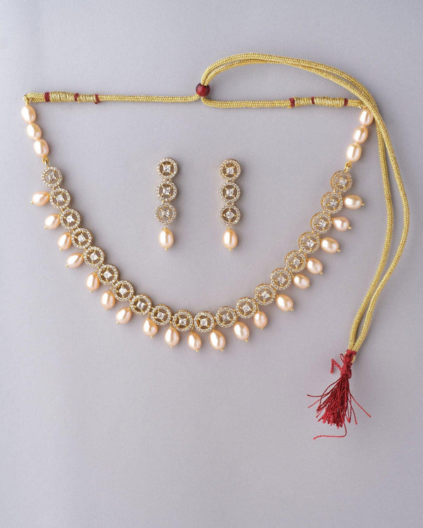 Glittering Petals CZ Pendant Pearl Necklace Set - Chandrani Pearls