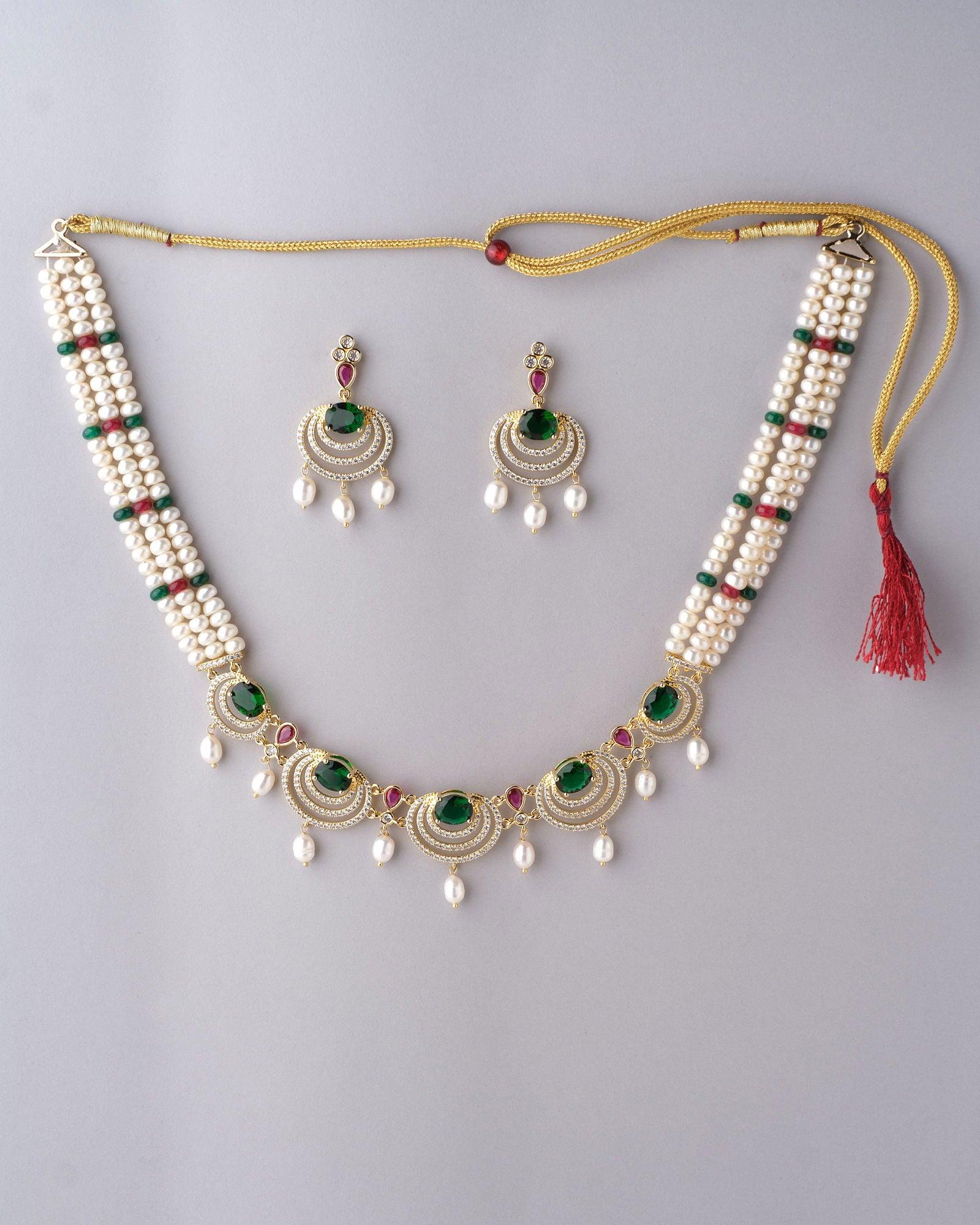Glorious CZ Pendant Pearl Necklace Set - Chandrani Pearls