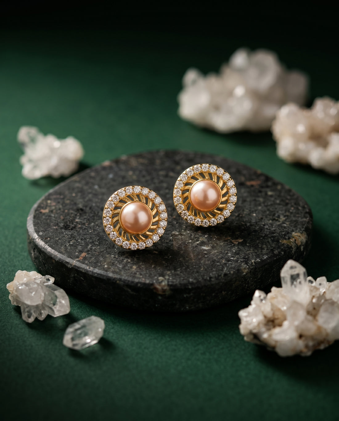 Golden pink pearl cz earrings