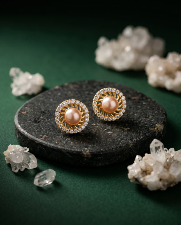 Golden pink pearl cz earrings