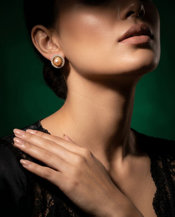 Golden pink pearl cz earrings