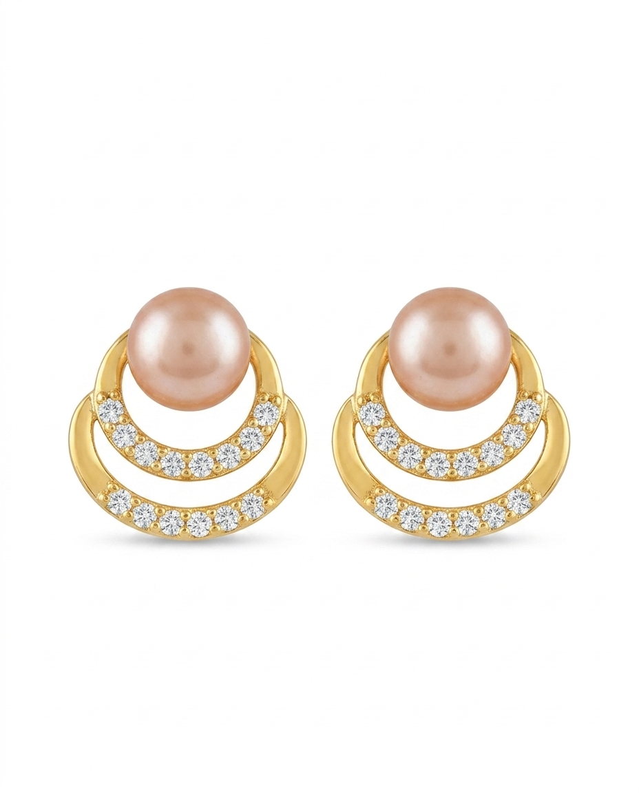 Golden pink pearl cz earrings 
