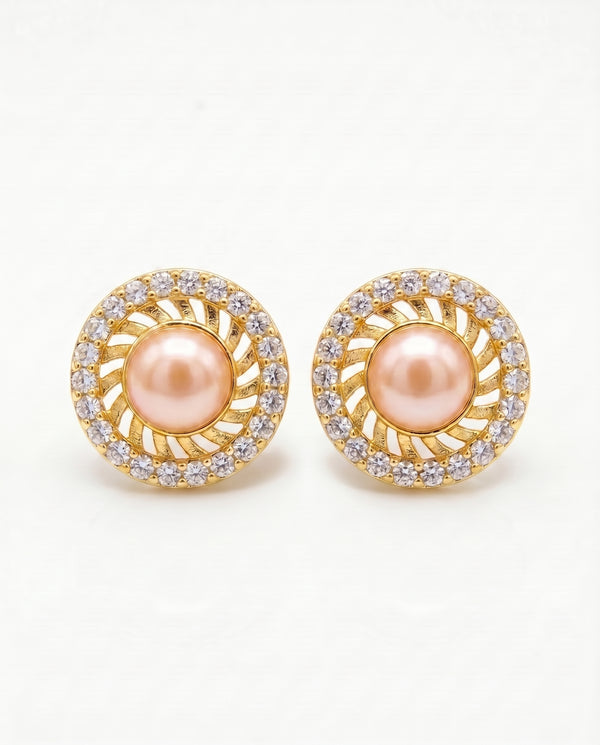 Golden pink pearl cz earrings