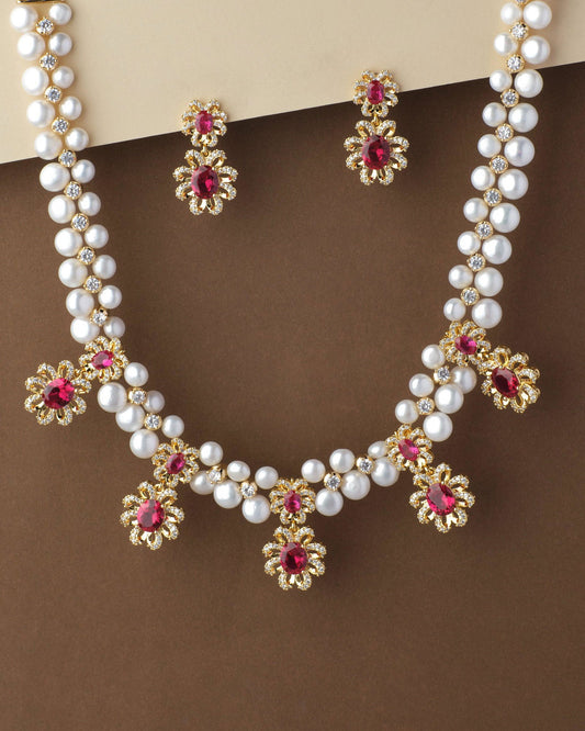 Gorgeous Florial AD Pearl Necklace Set - Chandrani Pearls