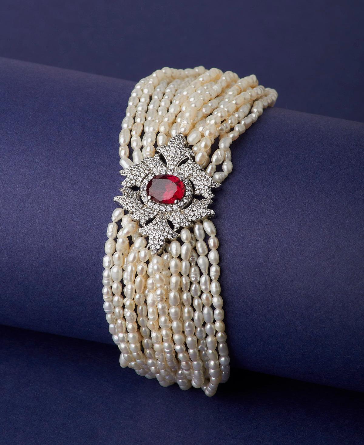 Gorgeous Rhodium Real Pearl Bracelet A01670 - Chandrani Pearls