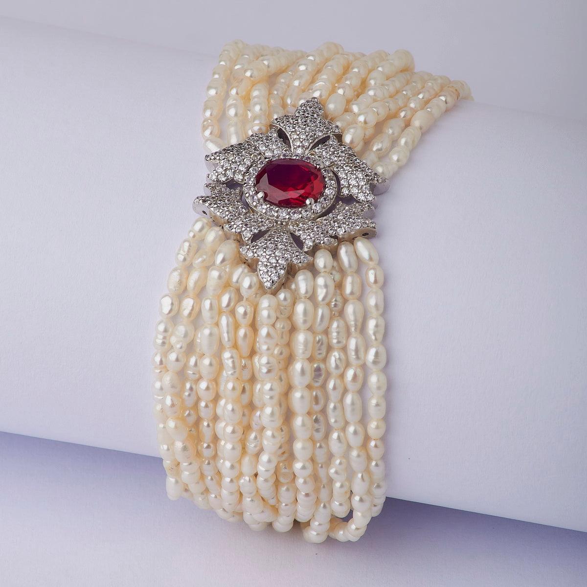 Gorgeous Rhodium Real Pearl Bracelet A01670 - Chandrani Pearls