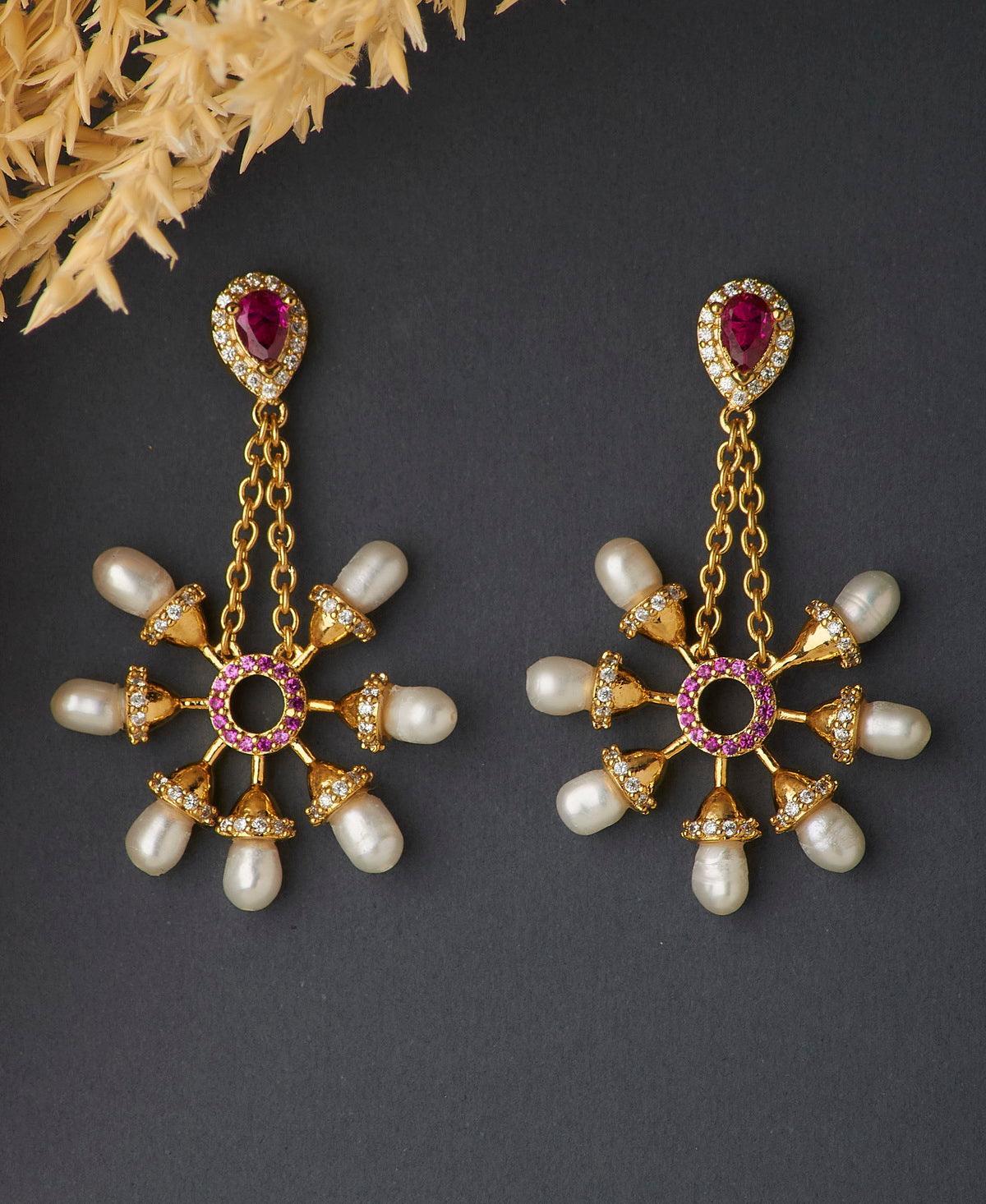 Gorgeous Stone Studded Pearl Hanging Earring - Chandrani Pearls