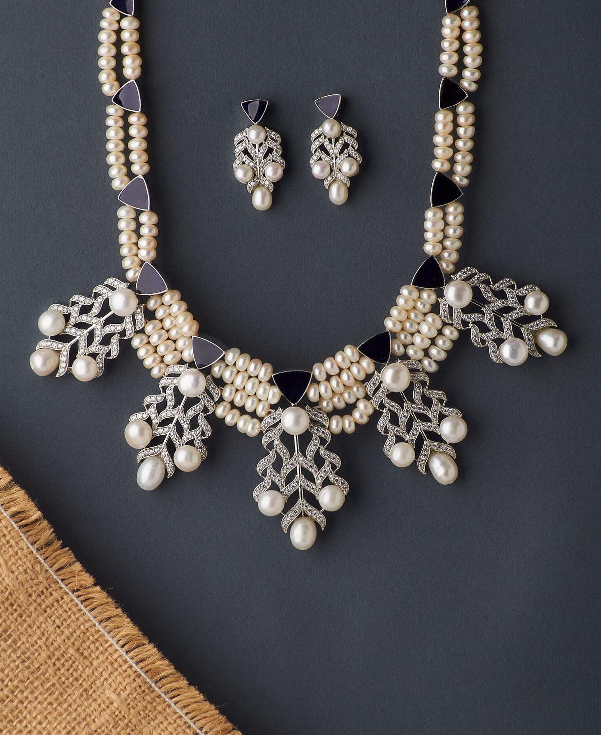 Gorgeous Stone Studded Pearl Necklace Set - Chandrani Pearls