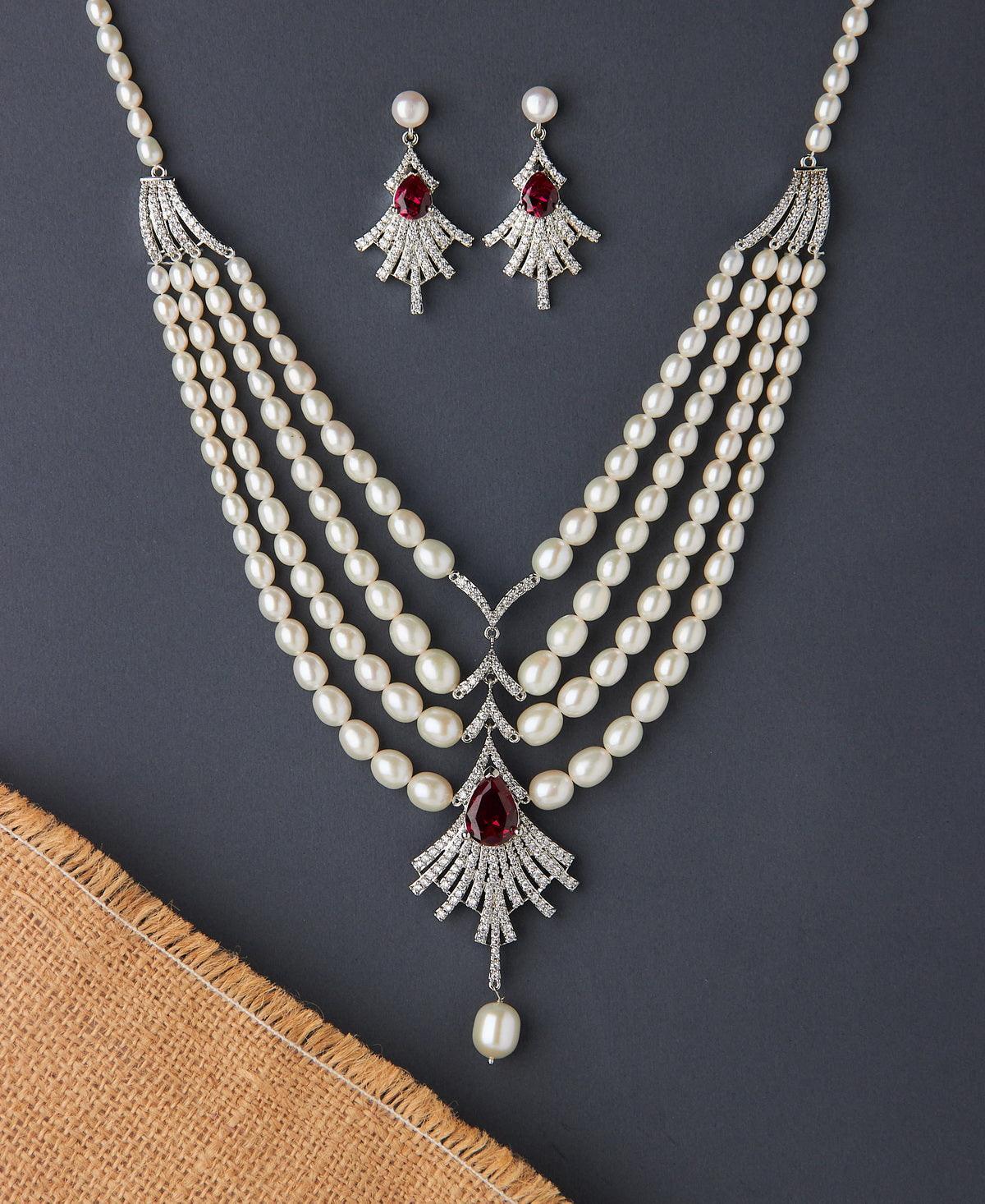 Gorgeous Stone Studded Pearl Necklace Set - Chandrani Pearls