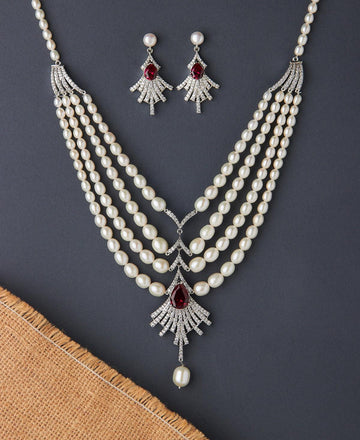 Gorgeous Stone Studded Pearl Necklace Set - Chandrani Pearls