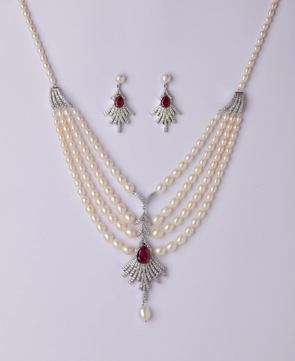 Gorgeous Stone Studded Pearl Necklace Set - Chandrani Pearls