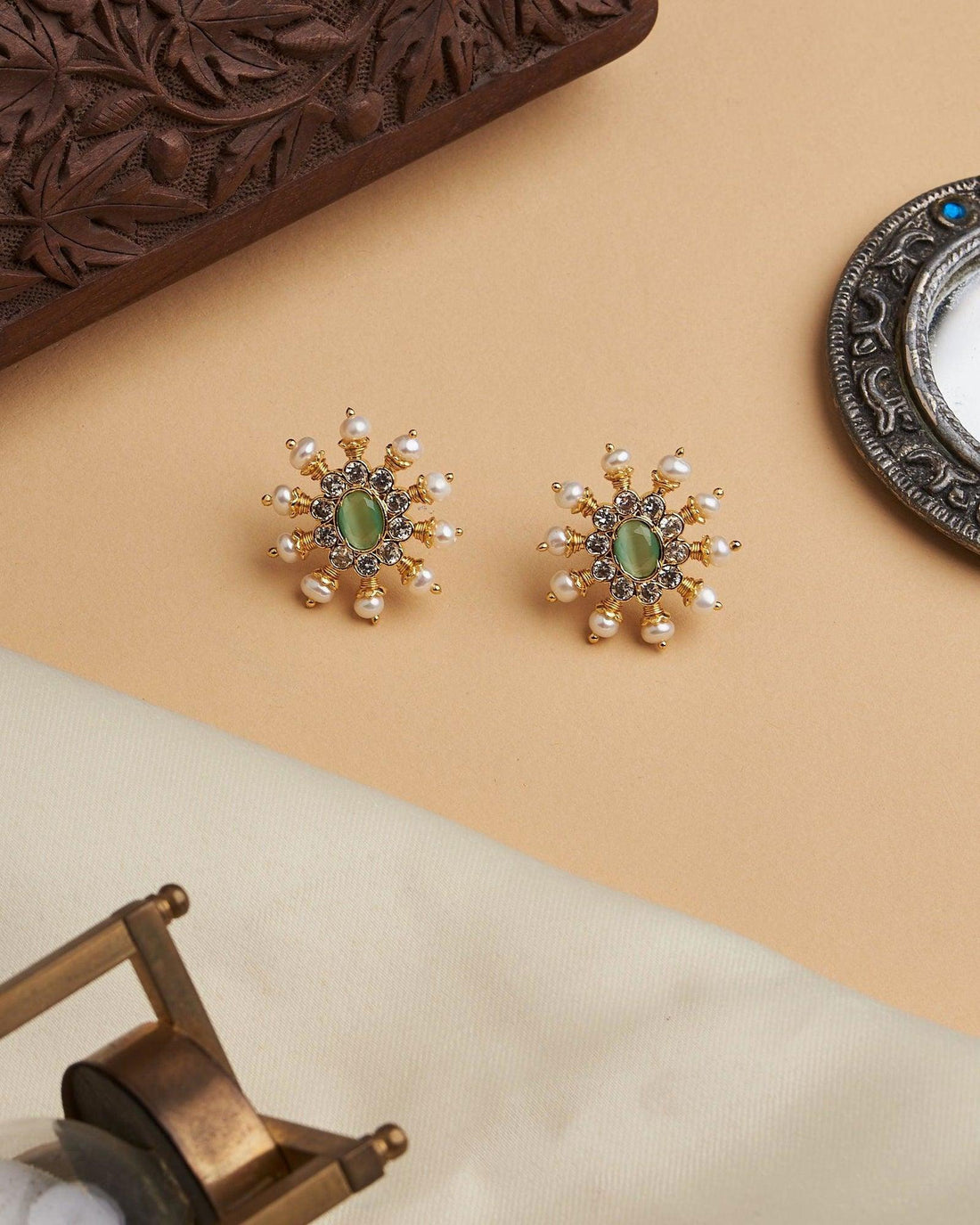 Green White Sun Spokes Pearl Ear Studs - Chandrani Pearls