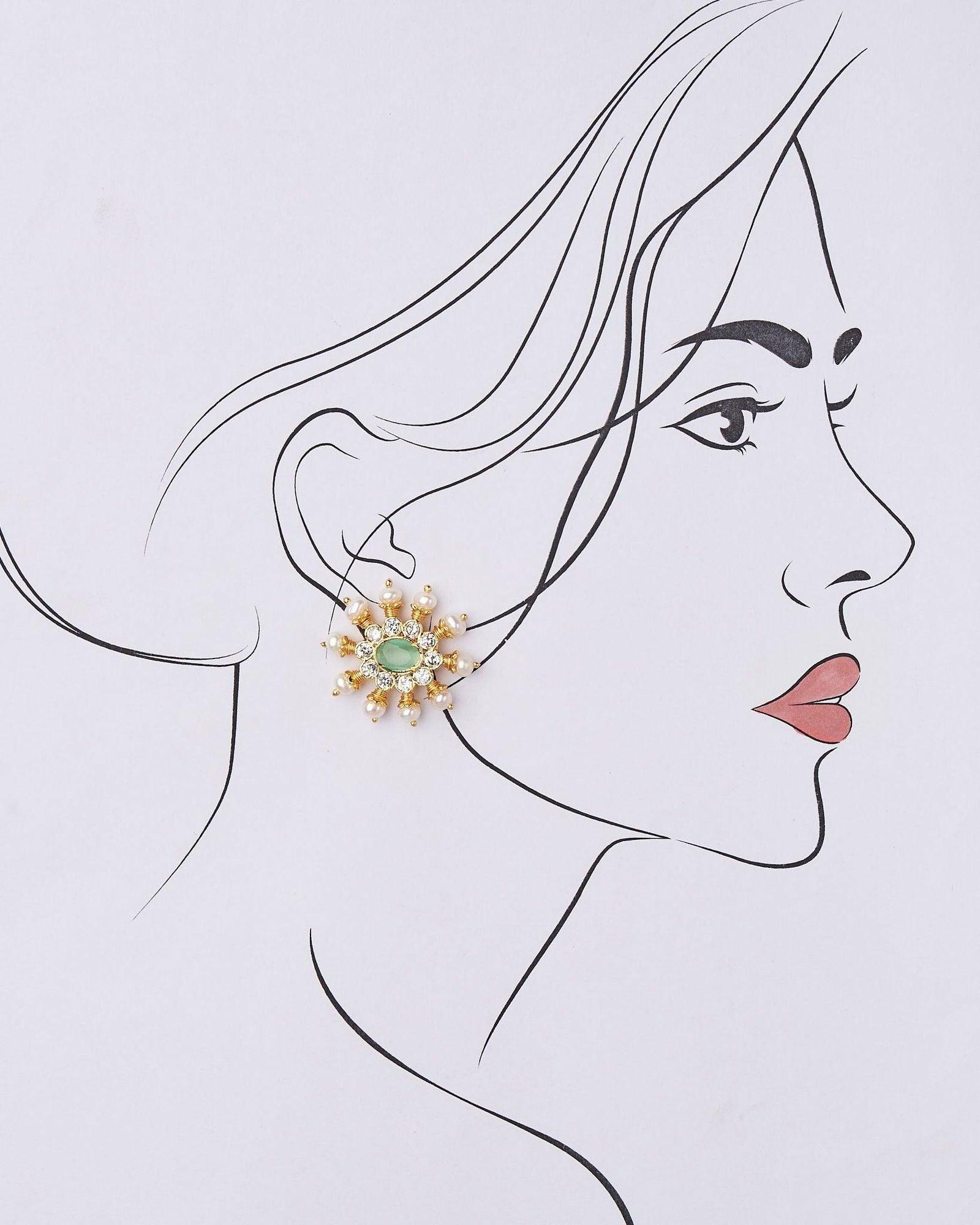 Green White Sun Spokes Pearl Ear Studs - Chandrani Pearls