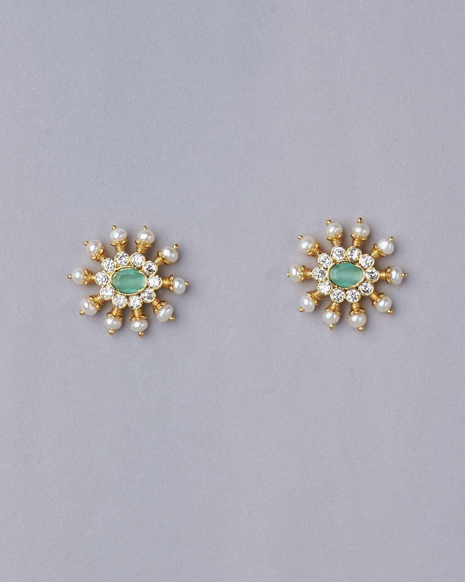 Green White Sun Spokes Pearl Ear Studs - Chandrani Pearls