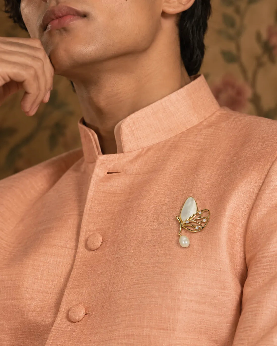 Golden Butterfly Brooch with Mother-of-Pearl & Pearl Drop