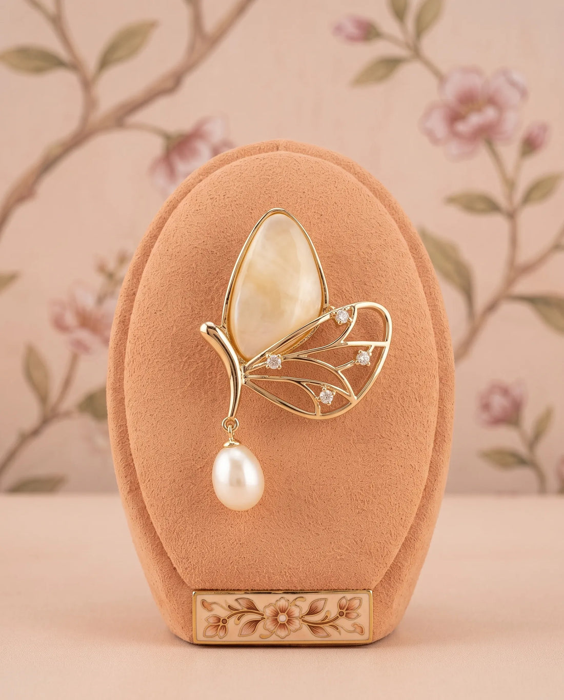 Golden Butterfly Brooch with Mother-of-Pearl & Pearl Drop