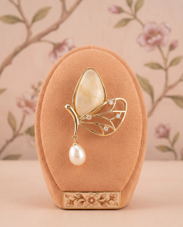 Golden Butterfly Brooch with Mother-of-Pearl & Pearl Drop