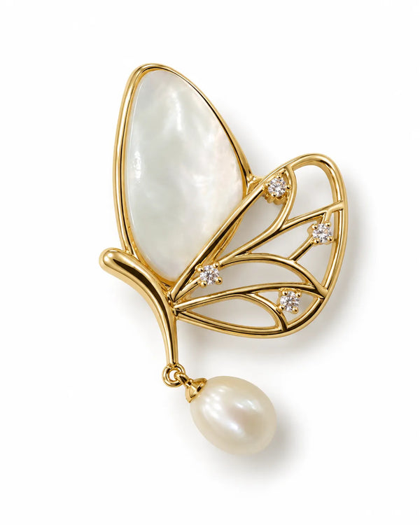 Golden Butterfly Brooch with Mother-of-Pearl & Pearl Drop