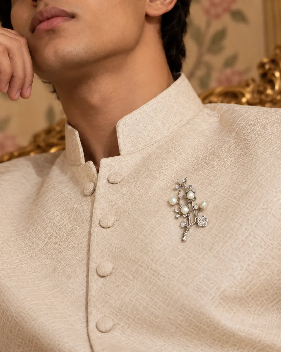 Silver-Tone Pearl Floral Branch Brooch with Cubic Zirconia Accents