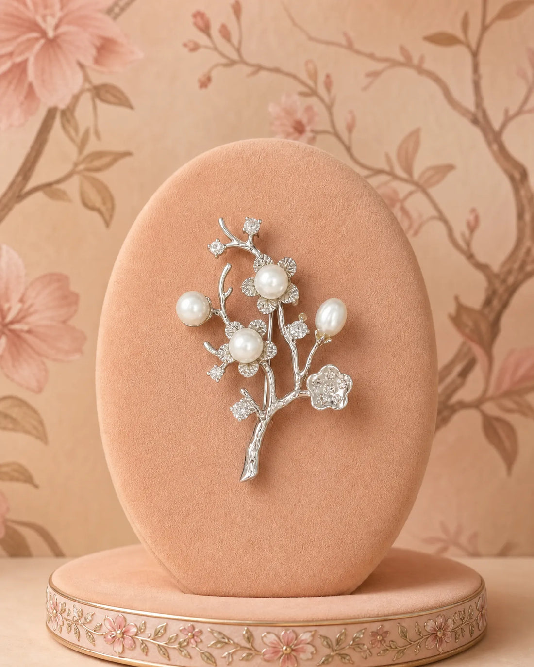 Silver-Tone Pearl Floral Branch Brooch with Cubic Zirconia Accents