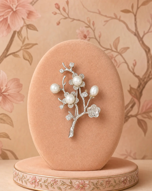Silver-Tone Pearl Floral Branch Brooch with Cubic Zirconia Accents
