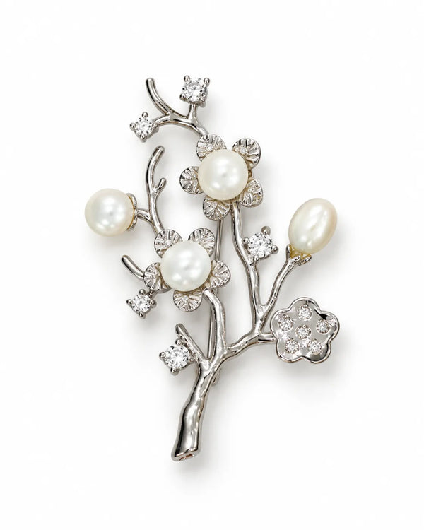 Silver-Tone Pearl Floral Branch Brooch with Cubic Zirconia Accents