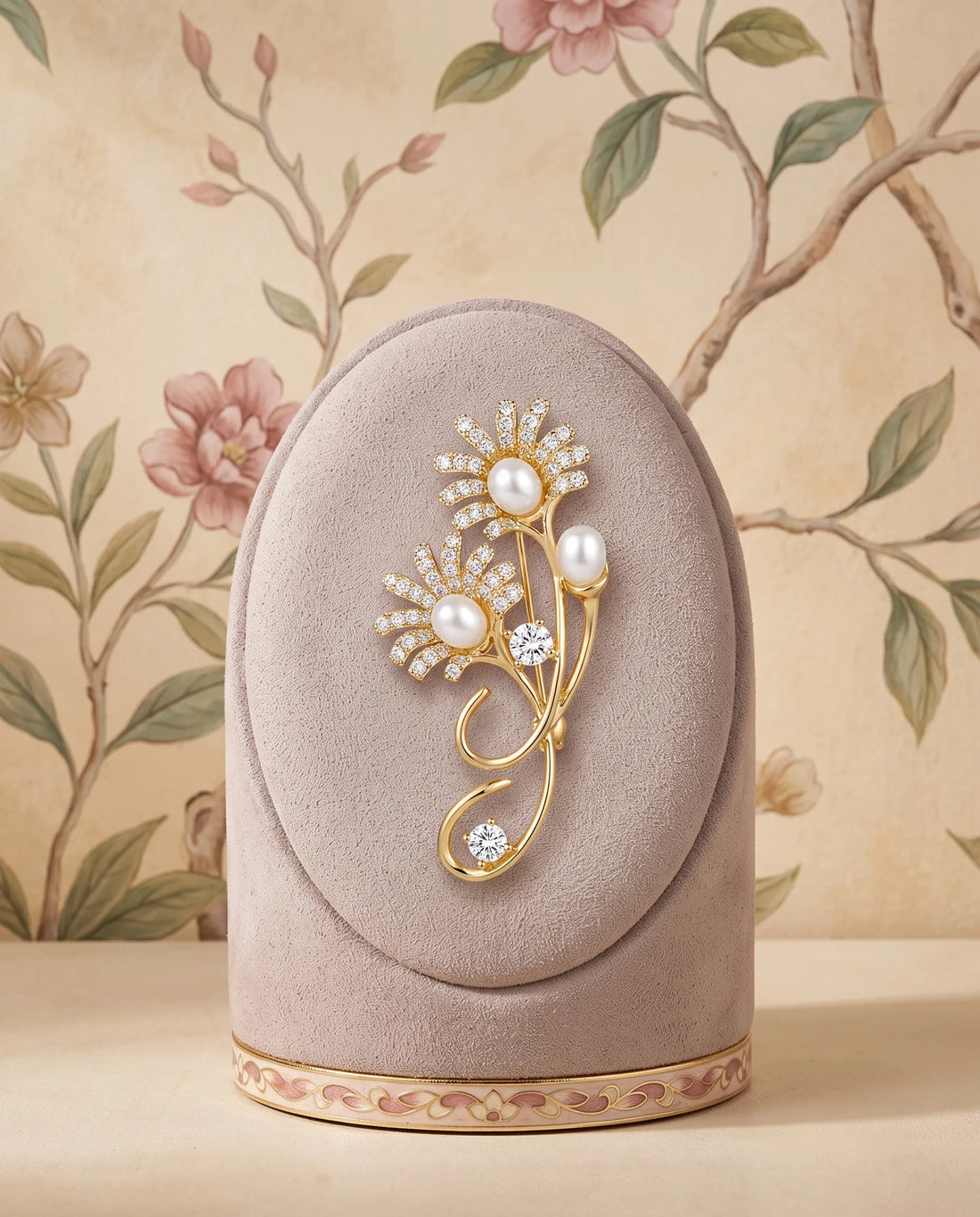 Gold-Plated Daisy Bouquet Brooch with Pavé CZ Petals & Pearl Centers