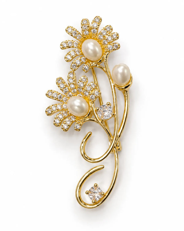 Gold-Plated Daisy Bouquet Brooch with Pavé CZ Petals & Pearl Centers