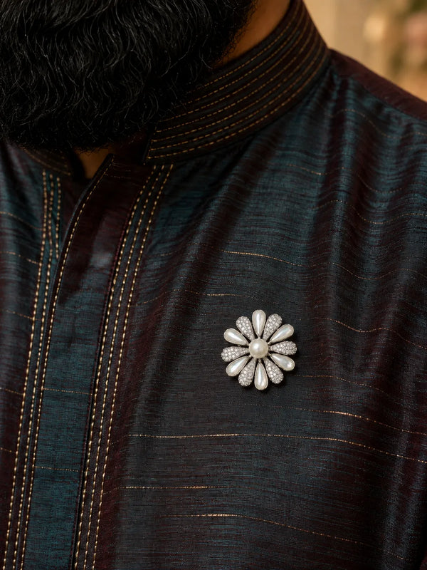 Silver-Tone Pearl Sunflower Brooch with Pavé CZ Petals