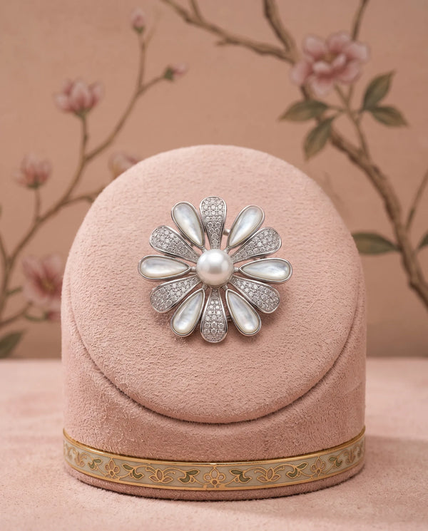 Silver-Tone Pearl Sunflower Brooch with Pavé CZ Petals