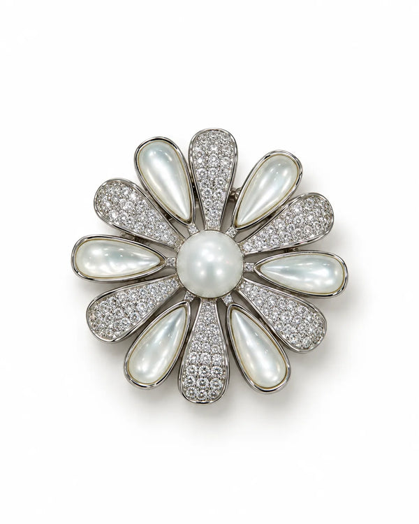Silver-Tone Pearl Sunflower Brooch with Pavé CZ Petals