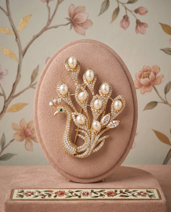Gold-Plated Regal Peacock Brooch with Pearl Feather