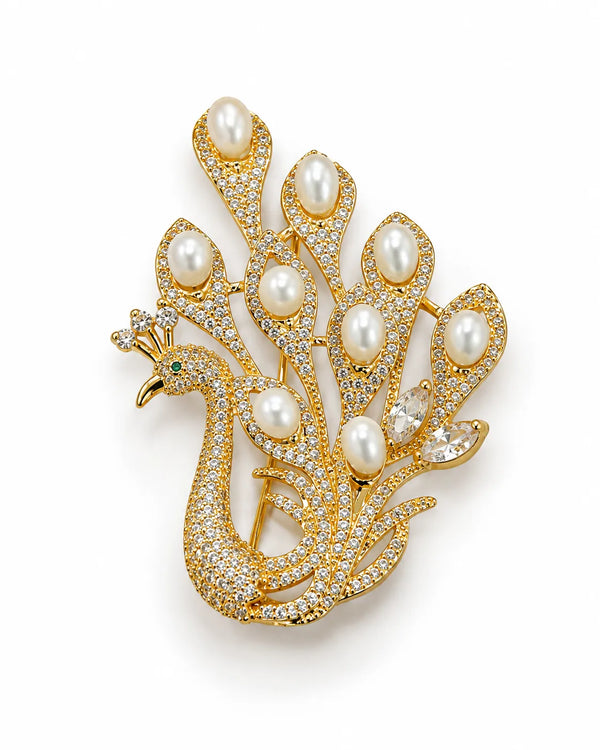 Gold-Plated Regal Peacock Brooch with Pearl Feather