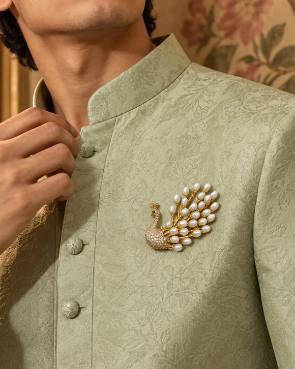 Regal Peacock Pearl & Cubic Zirconia Brooch in Gold Finish