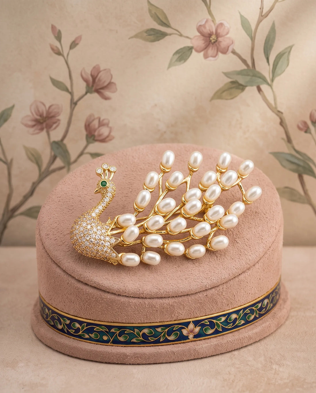 Regal Peacock Pearl & Cubic Zirconia Brooch in Gold Finish