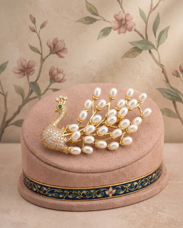 Regal Peacock Pearl & Cubic Zirconia Brooch in Gold Finish