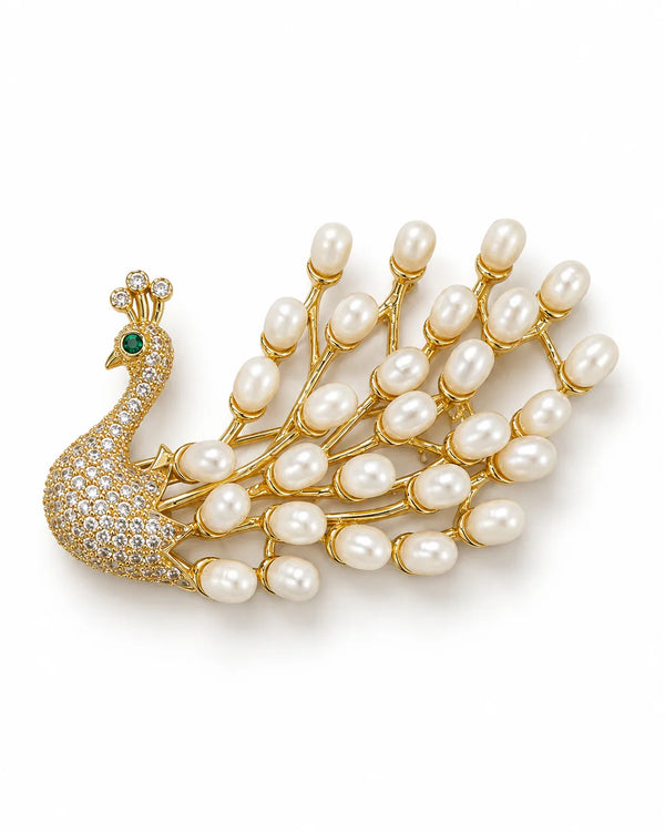 Regal Peacock Pearl & Cubic Zirconia Brooch in Gold Finish