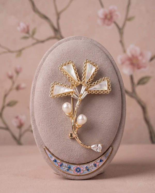 Gold Floral Brooch with Mother-of-Pearl & Pearl Buds