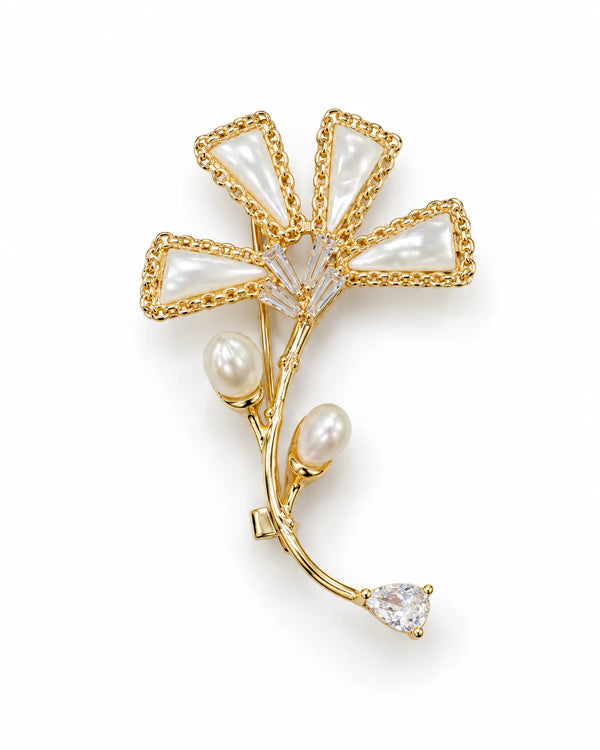 Gold Floral Brooch with Mother-of-Pearl & Pearl Buds