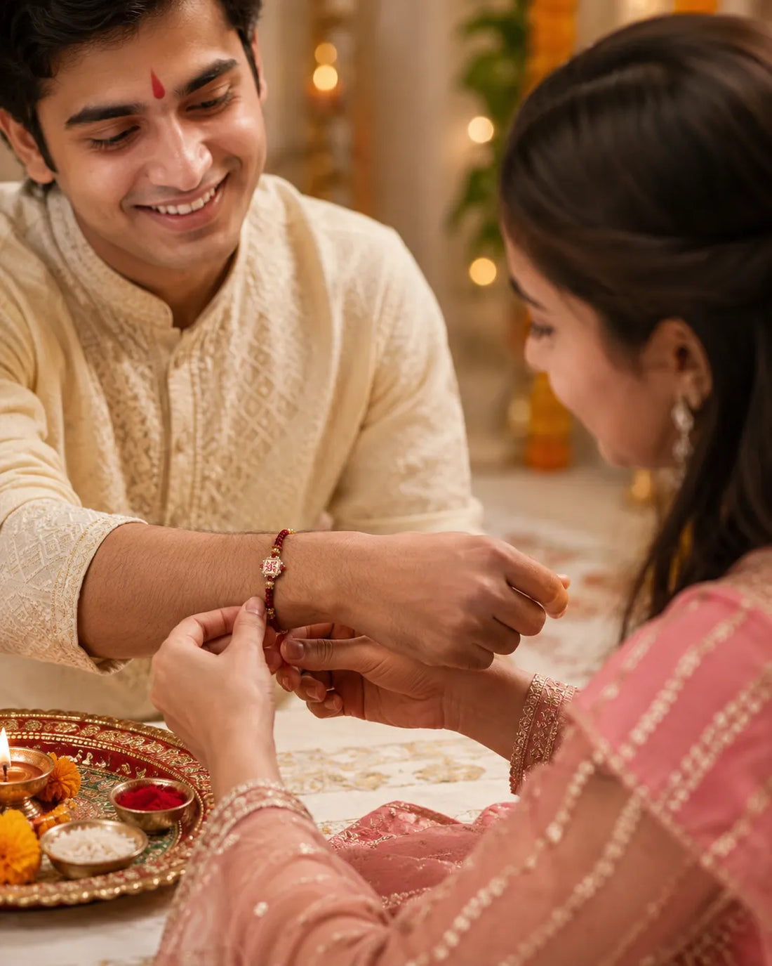 Traditional Auspicious Swastik Red Crystal & Pearl Thread Rakhi