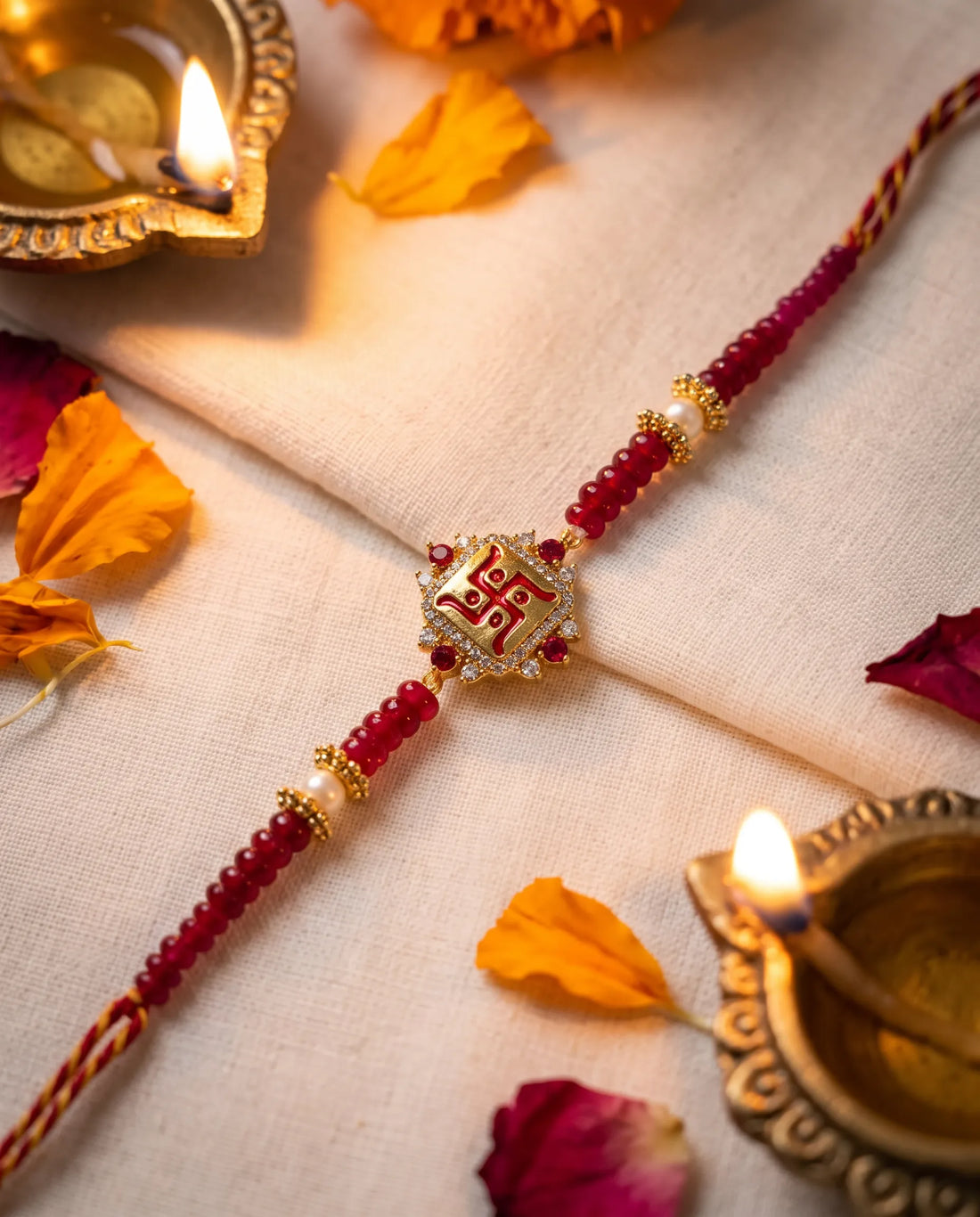 Traditional Auspicious Swastik Red Crystal & Pearl Thread Rakhi