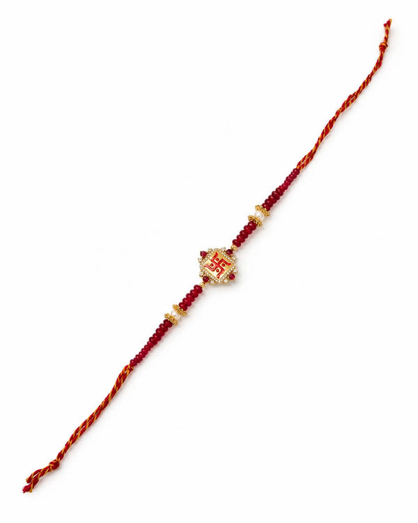 Traditional Auspicious Swastik Red Crystal & Pearl Thread Rakhi